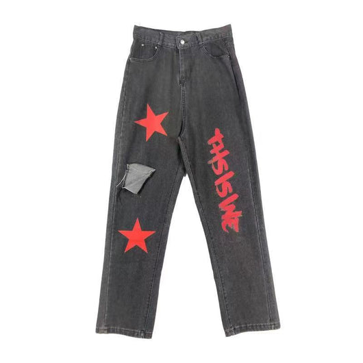 Jeans Rectos Anchos con Estampado de Estrellas Vintage y Roturas - Image 13