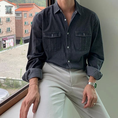 Camisa Suelta Estilo Coreano Azul para Trabajo - Image 5