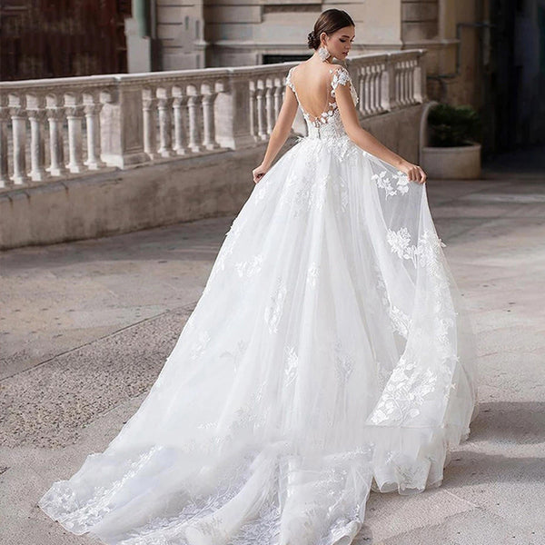 Vestido de Novia Blanco Escote Redondo Efecto Reductor con Cola de Pez Reversible