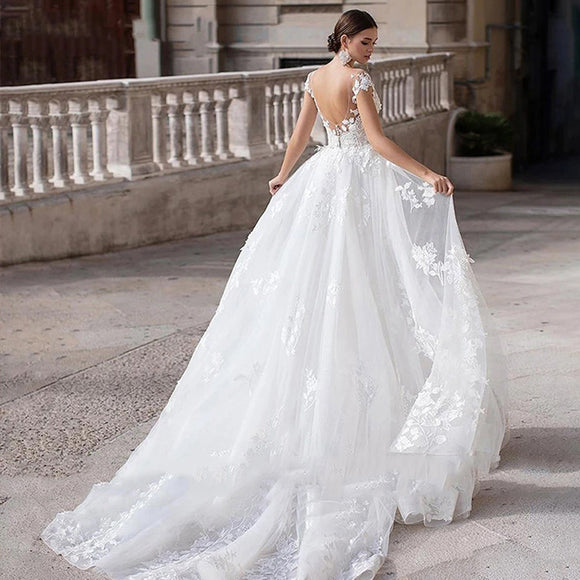 Vestido de Novia Blanco Escote Redondo Efecto Reductor con Cola de Pez Reversible