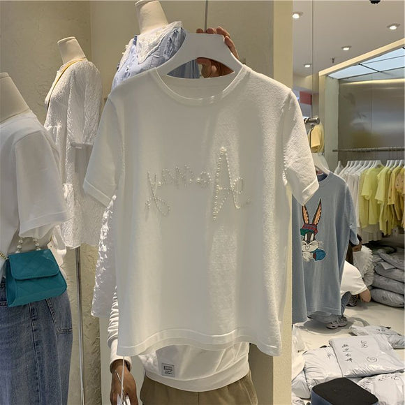 Camiseta Suelta Cuello Redondo con Perlas y Letras Estampadas
