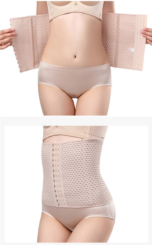 Beige ladies' postpartum tummy tuck body shaper with multiple hook-and-eye closures and a perforated design. - Image 3