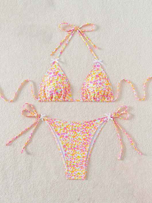Red floral print triangle cup bikini set with matching bottom, featuring a small gold charm on the top. - Image 15