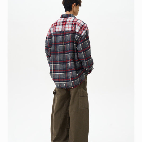 Camisa Cuadriculada Patchwork Vintage Manga Larga Unisex