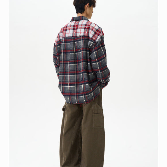 Camisa Cuadriculada Patchwork Vintage Manga Larga Unisex