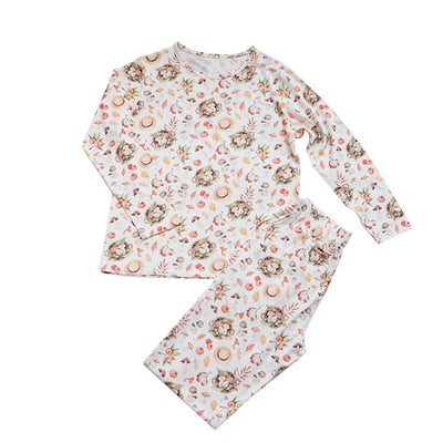 Bamboo cotton knitted parent-child pajama set with a pumpkin print long-sleeve top and solid light blue-grey pants. - Image 5