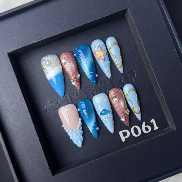 Stickers de Uñas 3D con Patrón Marino Tallado y Pintura Artesanal
