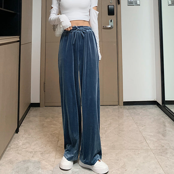 Calça Palazzo de Veludo Dourada Plus Size - Cintura Alta Feminina Outono Inverno