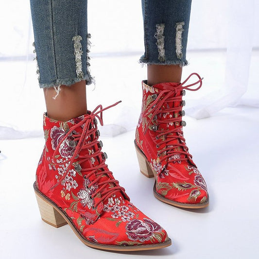 Botas Cortas Étnicas con Tacón Grueso y Bordado de Encaje para Mujer