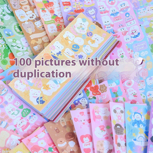 10 sheets of cute, colorful journal stickers with various cartoon characters, animals, and food designs. - Image 9
