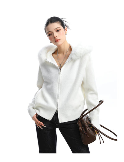 Abrigo Cardigan con Capucha y Cuello de Pelaje Beige para Mujer - Image 14