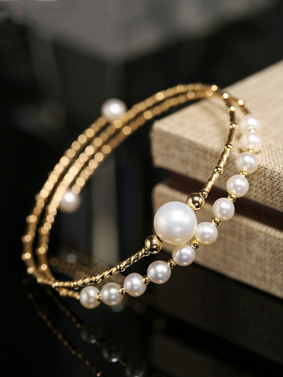 Pulsera Elástica Multicapa de Perlas de Agua Dulce Brillante para Mujer