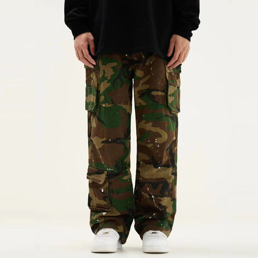 Pantalón de Trabajo Retro Camuflado Cintura Alta Recto Holgado