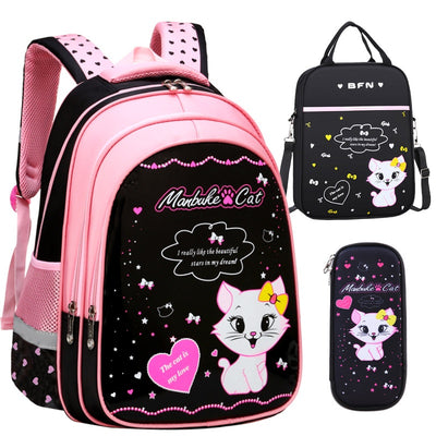 Kids black and pink backpack with a cute white cat print, paired with a matching lunch bag. - Image 2