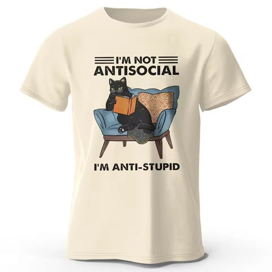 Red short-sleeve t-shirt with a black cat reading a book on an armchair and "I'M NOT ANTISOCIAL I'M ANTI-STUPID" text. - Image 7