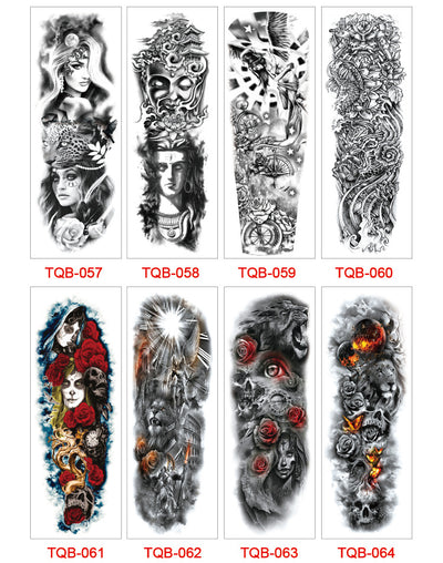 Full arm temporary tattoo sticker with a black, red, and light blue tribal design, featuring abstract shapes and patterns. - Image 49