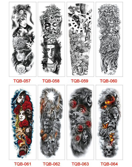 Full arm temporary tattoo sticker with a black, red, and light blue tribal design, featuring abstract shapes and patterns. - Image 49