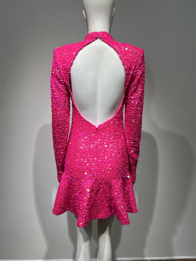 Vestido de Fiesta Rojo Rosado con Espalda Descubierta y Lentejuelas - Image 5