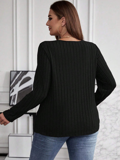 Suéter Tipo Polera Plus Size Cuello V Cruzado Manga Larga Textura Acanalada - Image 24