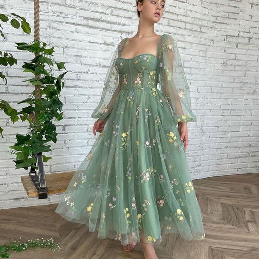 Vestido de Noche Verde con Mangas Puff de Encaje - Largo Elegante para Prom