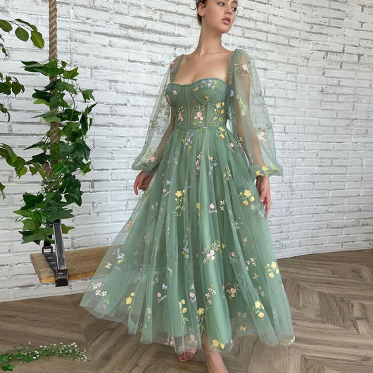 Vestido de Noche Verde con Mangas Puff de Encaje - Largo Elegante para Prom