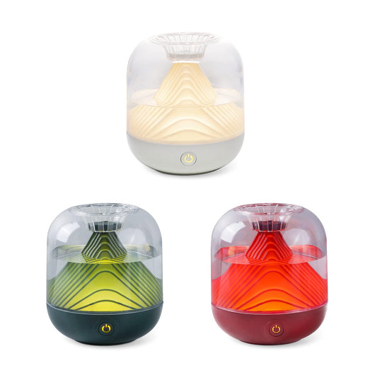 Red USB rechargeable humidifier with a clear dome top and a unique mountain-shaped interior design. - Image 3