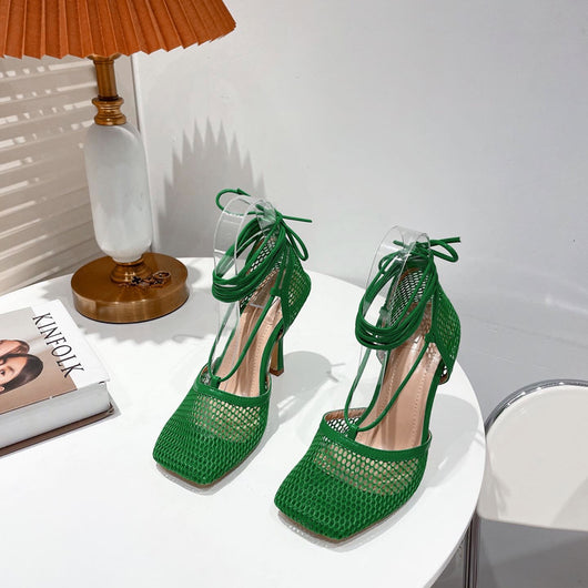 Tacones Altos Cuadrados con Cordones para Mujer