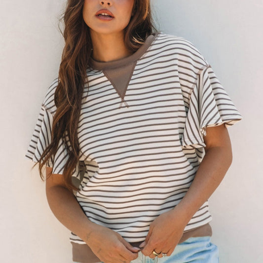 Camiseta Suelta Estampada a Rayas Cuello Redondo