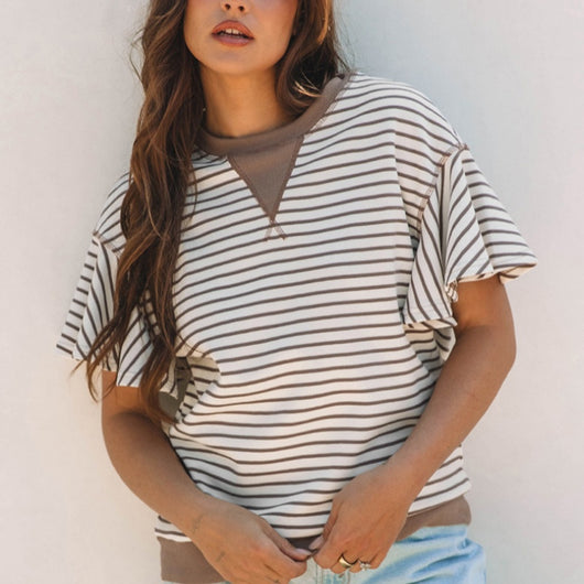 Camiseta Suelta Estampada a Rayas Cuello Redondo