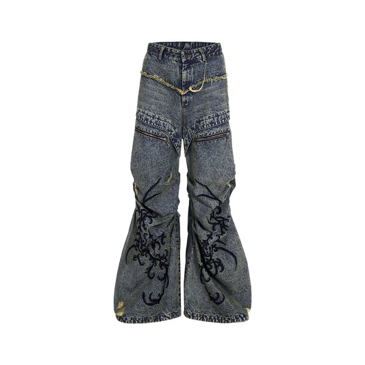 Jeans Vintage Desgastado con Cremallera y Bordados Plisados - Image 2