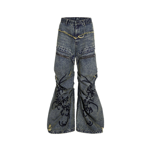Jeans Vintage Desgastado con Cremallera y Bordados Plisados