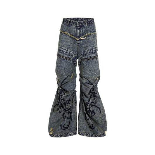 Jeans Vintage Desgastado con Cremallera y Bordados Plisados - Image 2