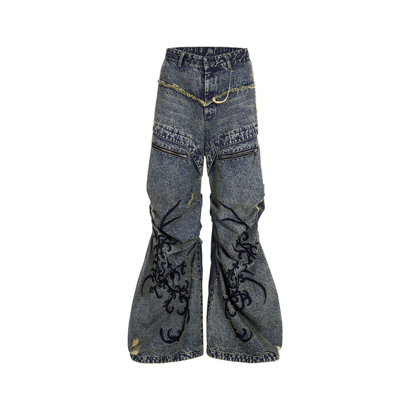 Jeans Vintage Desgastado con Cremallera y Bordados Plisados
