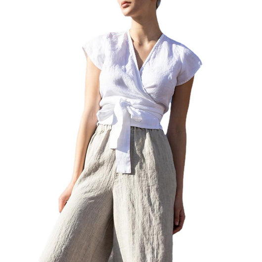 Blusa Lino Algodón con Cuello V y Cordones - Manga Corta para Mujer - Image 10