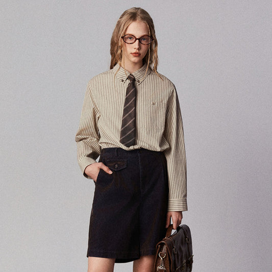 Camisa Clásica Retro Americana con Cuello Solapa y Rayas Bordadas para Mujer