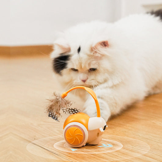 White and black electric cat teaser toy with blue accents and a flexible arm, shown with a white remote control. - Image 5