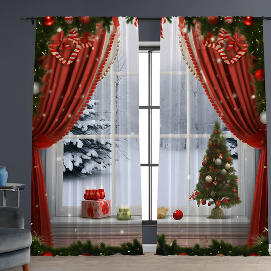 Pair of Christmas curtains with a 3D digital print of a snowy winter window scene, frosted trees, and snowflakes. - Image 13