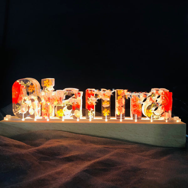 Luz Nocturna USB con Letras de Flores Reales Epoxy