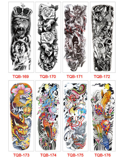 Full arm temporary tattoo sticker with a black, red, and light blue tribal design, featuring abstract shapes and patterns. - Image 54