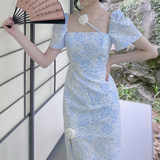 Vestido Cheongsam Jacquard Ajustado con Abertura Elegante