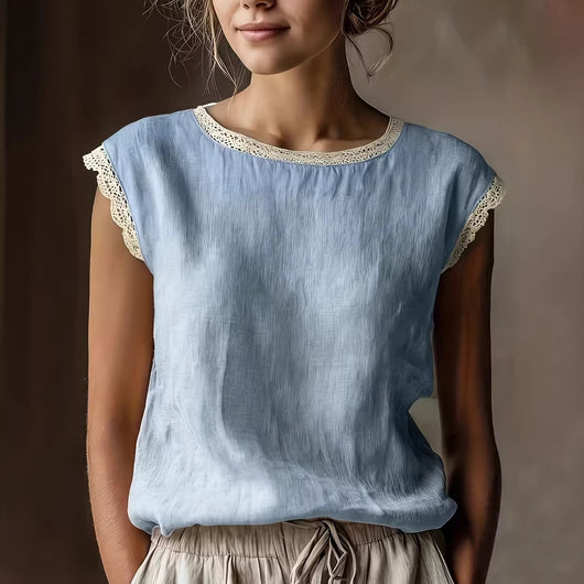 Blusa Suelta de Lino y Algodón sin Mangas con Encaje - Image 3