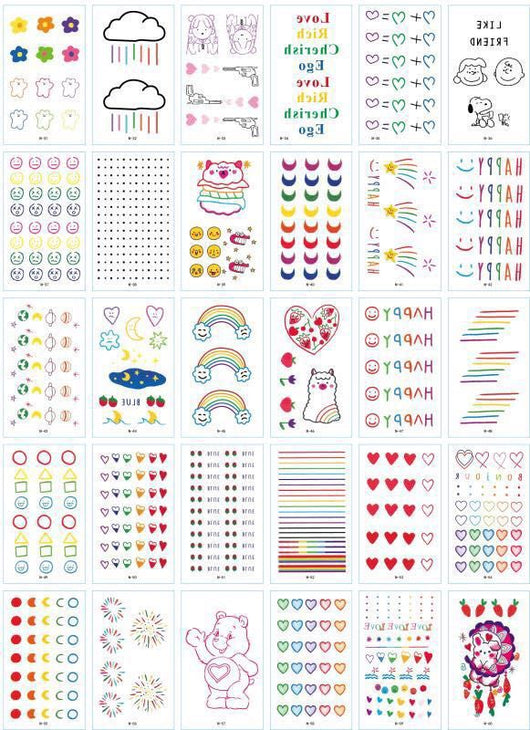 Set of 30 temporary tattoo stickers featuring pink and purple butterflies, flowers, bunnies, and moon designs. - Image 29