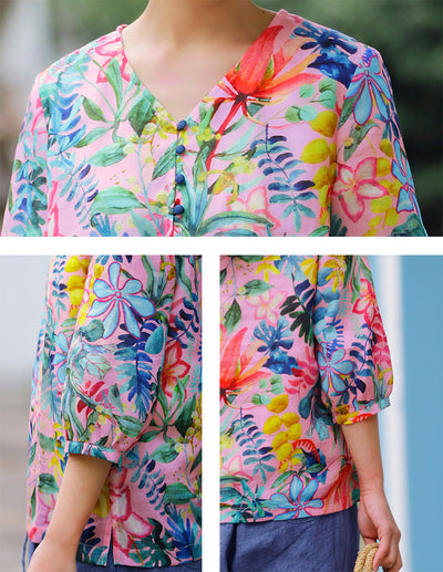 Blusa Literaria de Algodón y Lino con Cuello en V para Viajeras - Image 13
