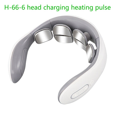 White and gray U-shaped neck massager with six silver electrode pads and control buttons on one arm. - Image 4