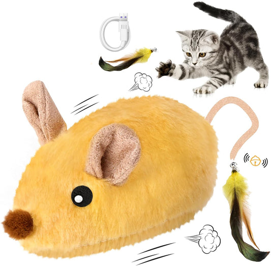 Interactive grey plush mouse cat toy with black ears and nose, feather and bell tail, and a USB charging cable. A kitten plays with a feather toy.