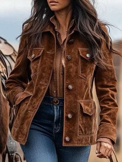 Chaqueta Camisa Retro de Gamuza Marrón con Bolsillos Múltiples y Solapa - Image 11