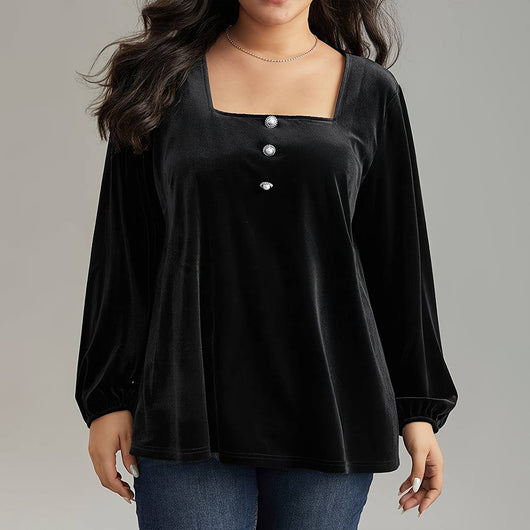 Blusa de Terciopelo Cuello Cuadrado Manga Larga Elegante y Suelta - Image 6