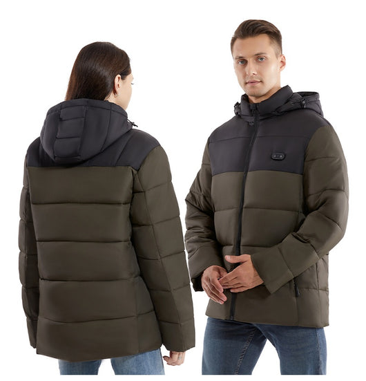 Man and woman modeling black smart heating puffer jackets with hoods, zippered pockets, and horizontal quilting. - Image 13