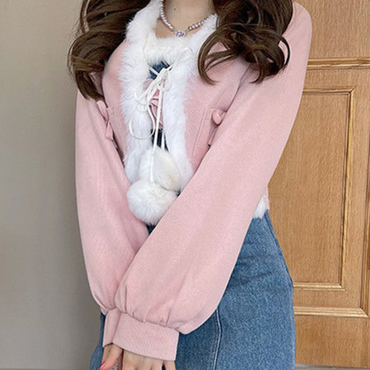 Chaqueta Corta Plush con Moño Japonés para Niñas