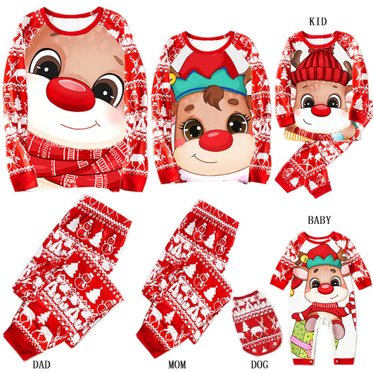 Baby wearing a red and white Christmas pajama set with a fawn graphic, sitting on a white blanket. - Image 10